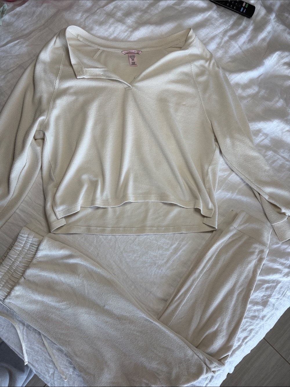 Victoria's Secret Waffle-Knit Henley Top Color: Cream